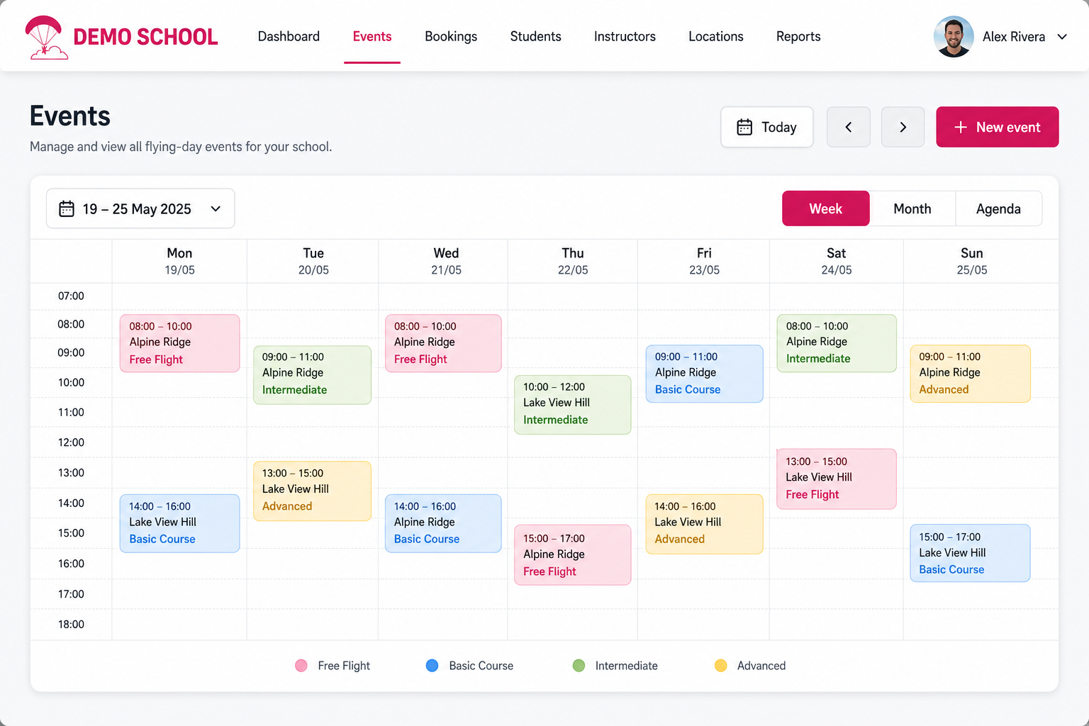 School calendar with flying-day events